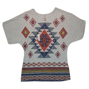 Big Bang Women's Top Aztec Gray Graphic Gemstone T-Shirt Blouse Size Large, New